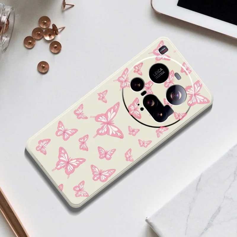 For Xiaomi 15 Ultra Case Pink Butterflies Pattern Printing Straight Edge TPU Phone Back Cover - Beige