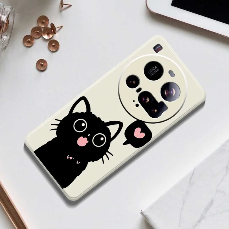 For Xiaomi 15 Ultra Case Love Black Cat Pattern Printing Straight Edge TPU Phone Back Cover - Beige