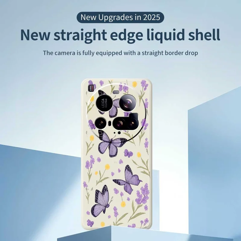 Cover posteriore per telefono Xiaomi 15 Ultra - Beige con Farfalle Viola e Bordo Dritto in TPU