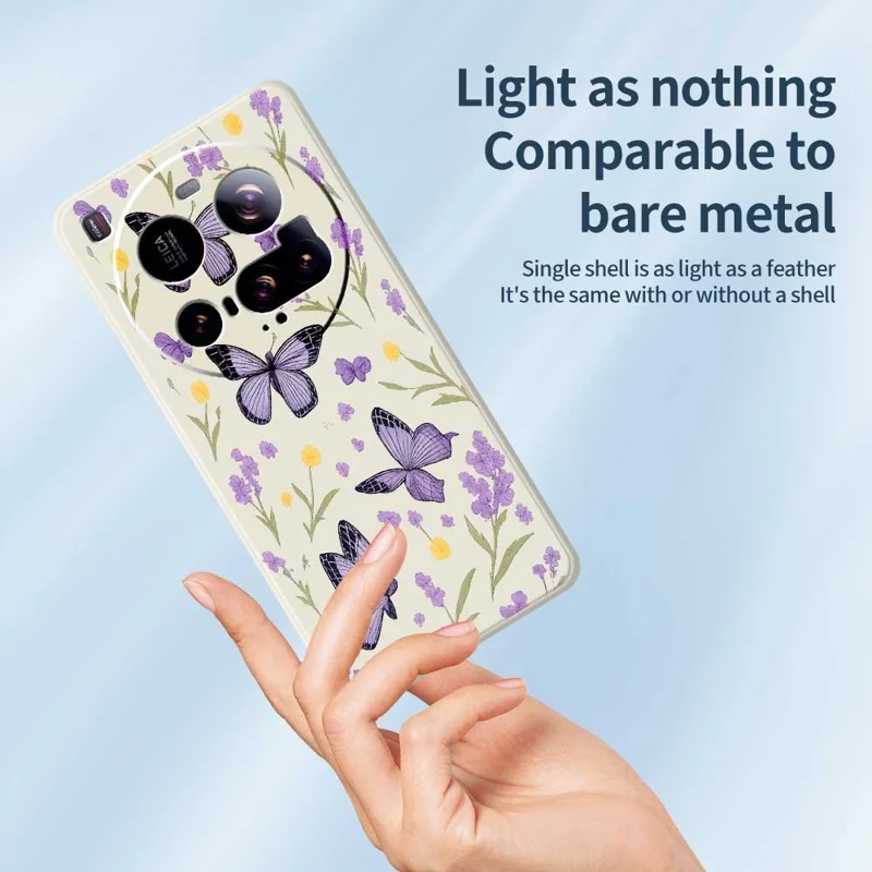Cover posteriore per telefono Xiaomi 15 Ultra - Beige con Farfalle Viola e Bordo Dritto in TPU