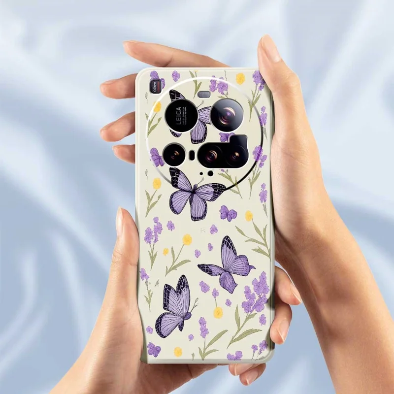 Cover posteriore per telefono Xiaomi 15 Ultra - Beige con Farfalle Viola e Bordo Dritto in TPU