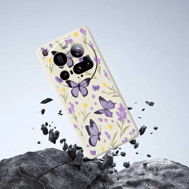 Cover posteriore per telefono Xiaomi 15 Ultra - Beige con Farfalle Viola e Bordo Dritto in TPU