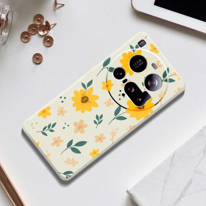 For Xiaomi 15 Ultra Case Yellow Floral and Leaves Pattern Printing Straight Edge TPU Phone Back Cover - Beige