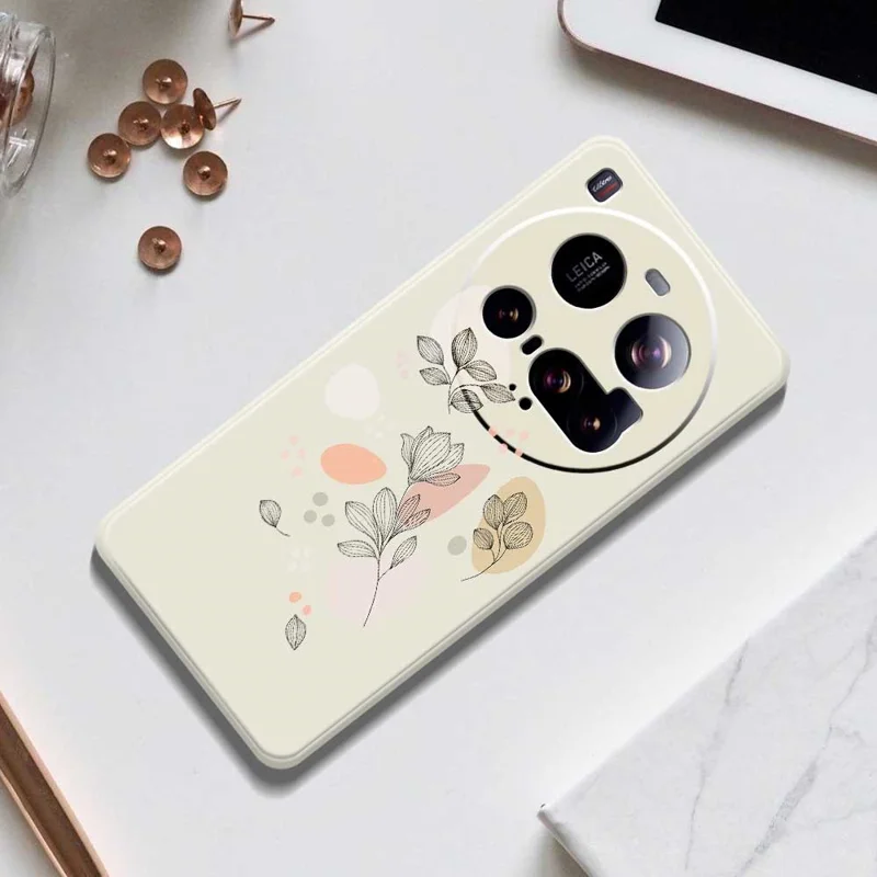 For Xiaomi 15 Ultra Case Sketch Leaves Pattern Printing Straight Edge TPU Phone Back Cover - Beige