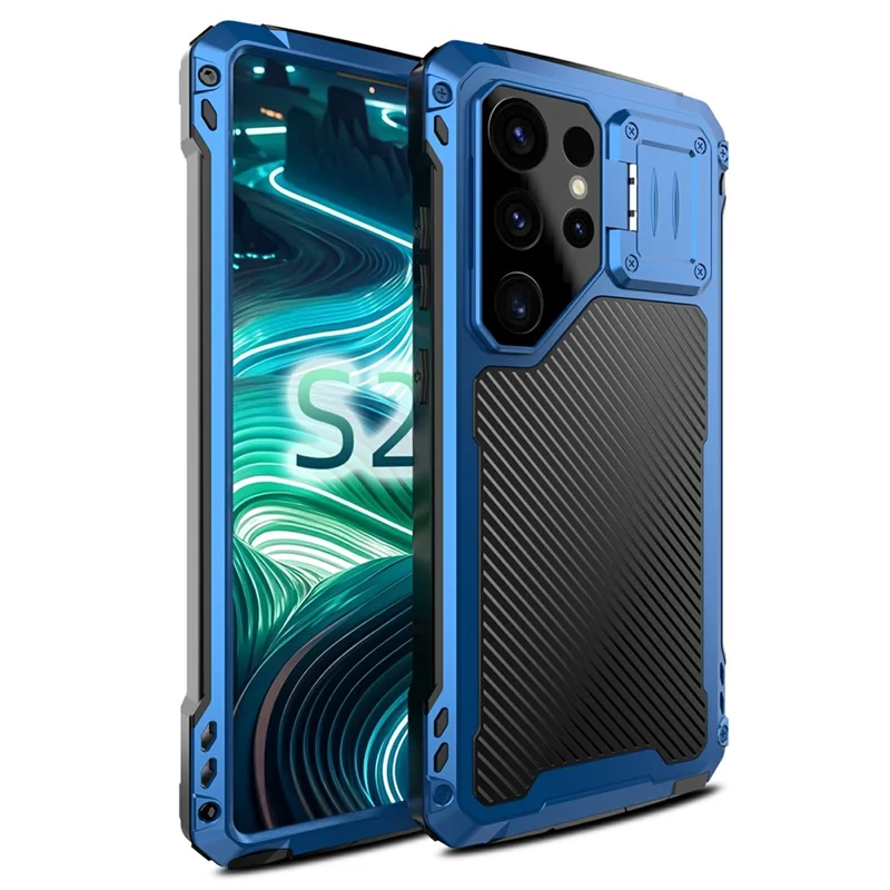 For Samsung Galaxy S25 Ultra Case Aluminum Alloy + Silicone Lens Kickstand Phone Cover with Tempered Glass Film - Blue