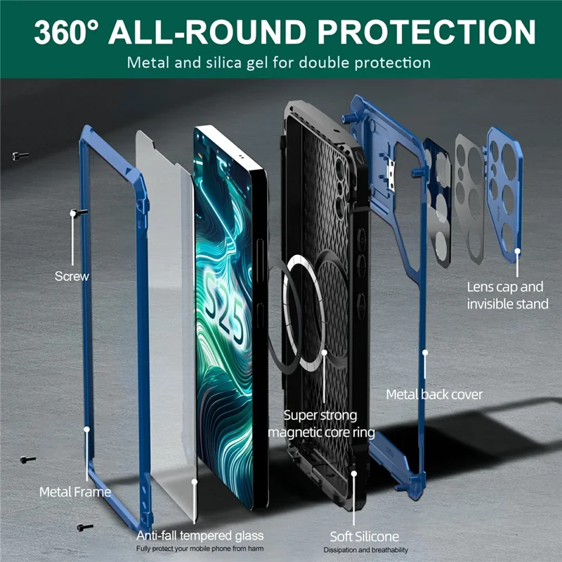 For Samsung Galaxy S25 Ultra Case Aluminum Alloy + Silicone Lens Kickstand Phone Cover with Tempered Glass Film - Blue