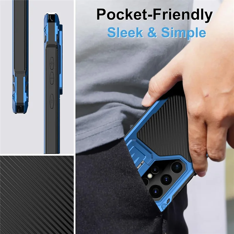 For Samsung Galaxy S25 Ultra Case Aluminum Alloy + Silicone Lens Kickstand Phone Cover with Tempered Glass Film - Blue