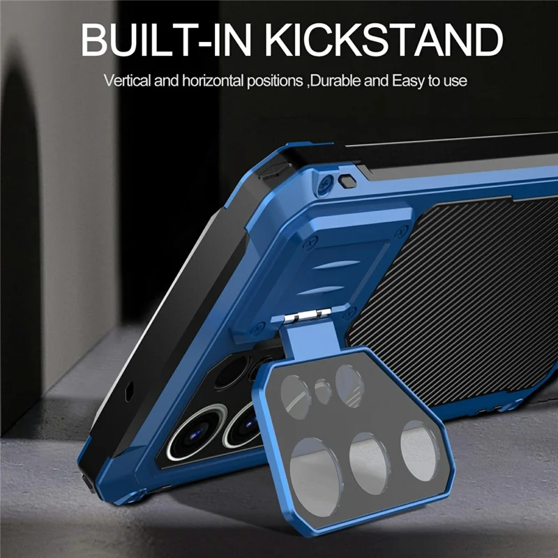 For Samsung Galaxy S25 Ultra Case Aluminum Alloy + Silicone Lens Kickstand Phone Cover with Tempered Glass Film - Blue