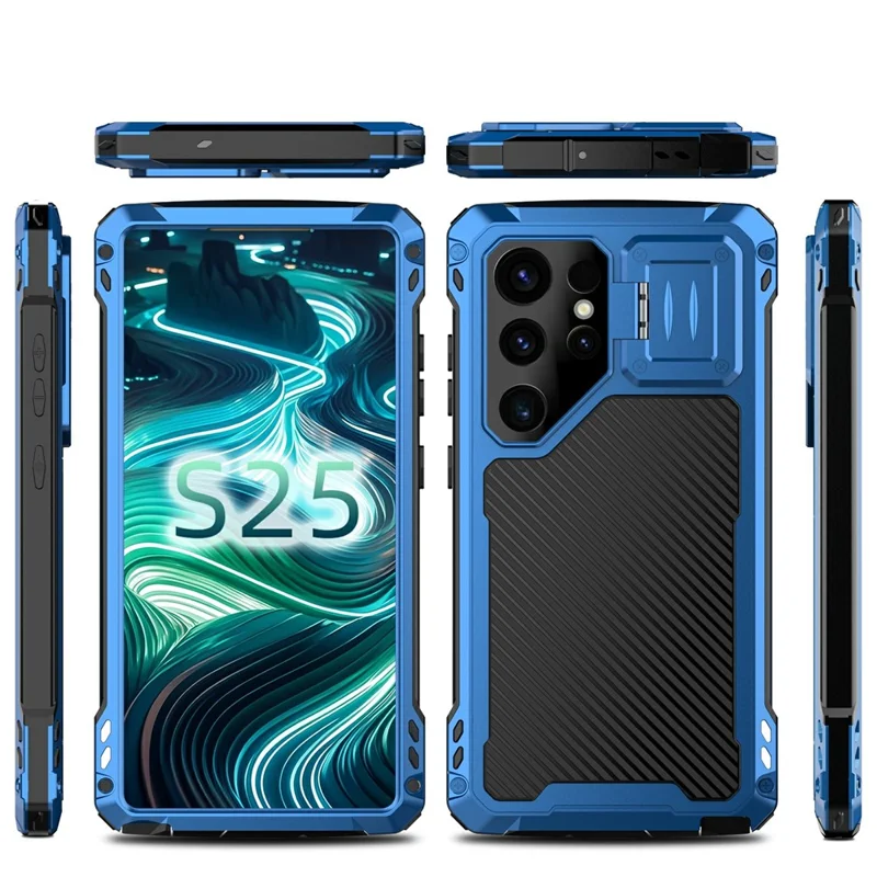 For Samsung Galaxy S25 Ultra Case Aluminum Alloy + Silicone Lens Kickstand Phone Cover with Tempered Glass Film - Blue