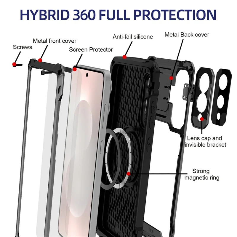 For Samsung Galaxy S25 Edge Case Aluminum Alloy + Silicone Lens Kickstand Phone Cover with Tempered Glass Film - Black