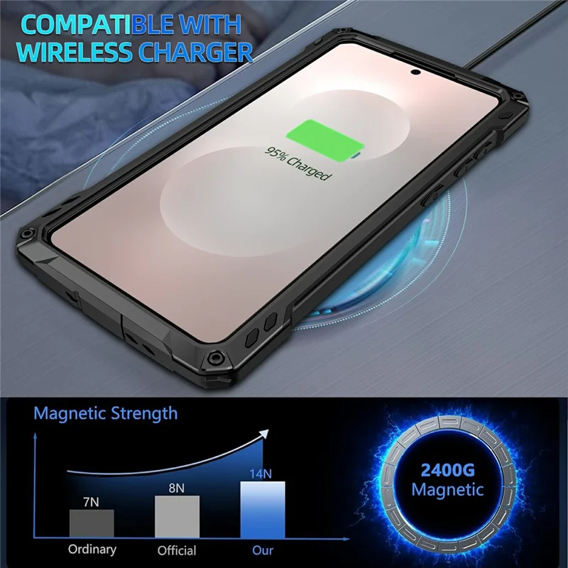 For Samsung Galaxy S25 Edge Case Aluminum Alloy + Silicone Lens Kickstand Phone Cover with Tempered Glass Film - Black