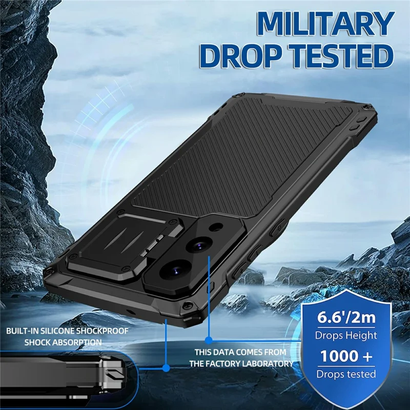 For Samsung Galaxy S25 Edge Case Aluminum Alloy + Silicone Lens Kickstand Phone Cover with Tempered Glass Film - Black