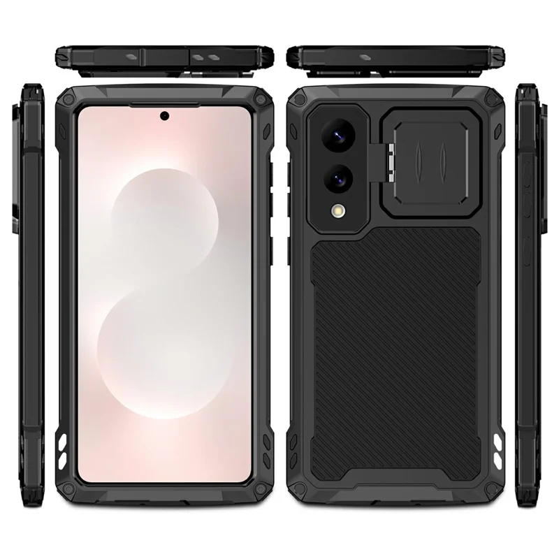 For Samsung Galaxy S25 Edge Case Aluminum Alloy + Silicone Lens Kickstand Phone Cover with Tempered Glass Film - Black
