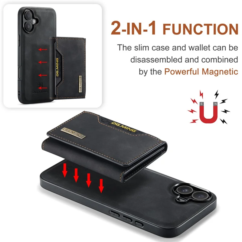 DG.MING M2 Series for iPhone 17 Case PU + PC + TPU Phone Cover Detachable Wallet - Black