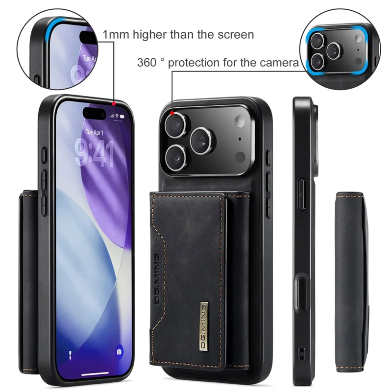 DG.MING Série M2 para Capa de iPhone 17 Pro Max Couro PU + PC + TPU Carteira Destacável - Preto