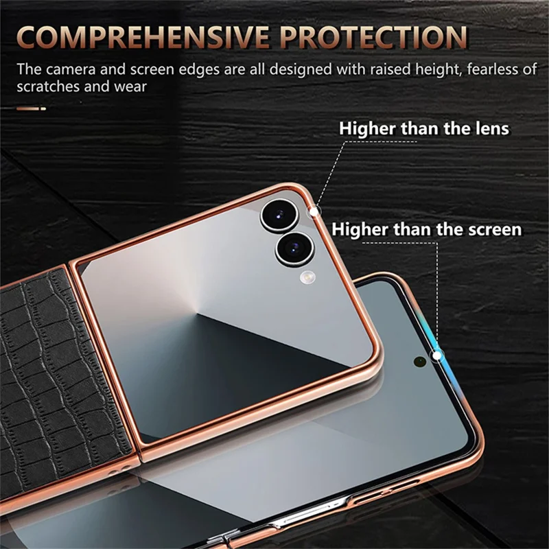 AZNS For Samsung Galaxy Z Flip7 5G Case Electroplating Crocodile Texture PU + PC Phone Cover - Black