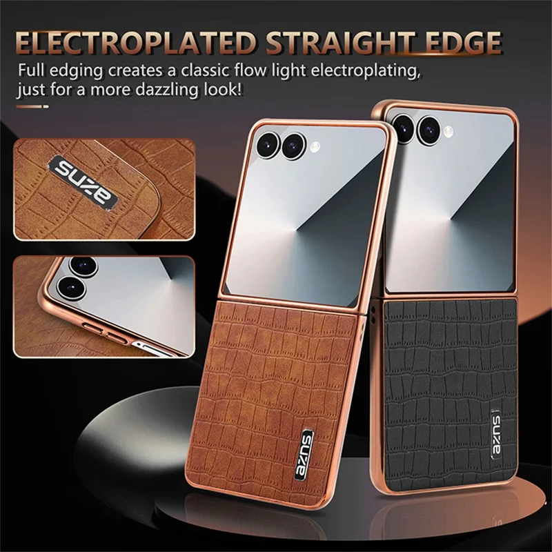 AZNS For Samsung Galaxy Z Flip7 5G Case Electroplating Crocodile Texture PU + PC Phone Cover - Black