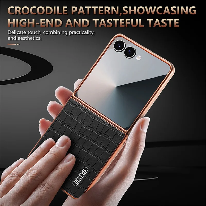 AZNS For Samsung Galaxy Z Flip7 5G Case Electroplating Crocodile Texture PU + PC Phone Cover - Black