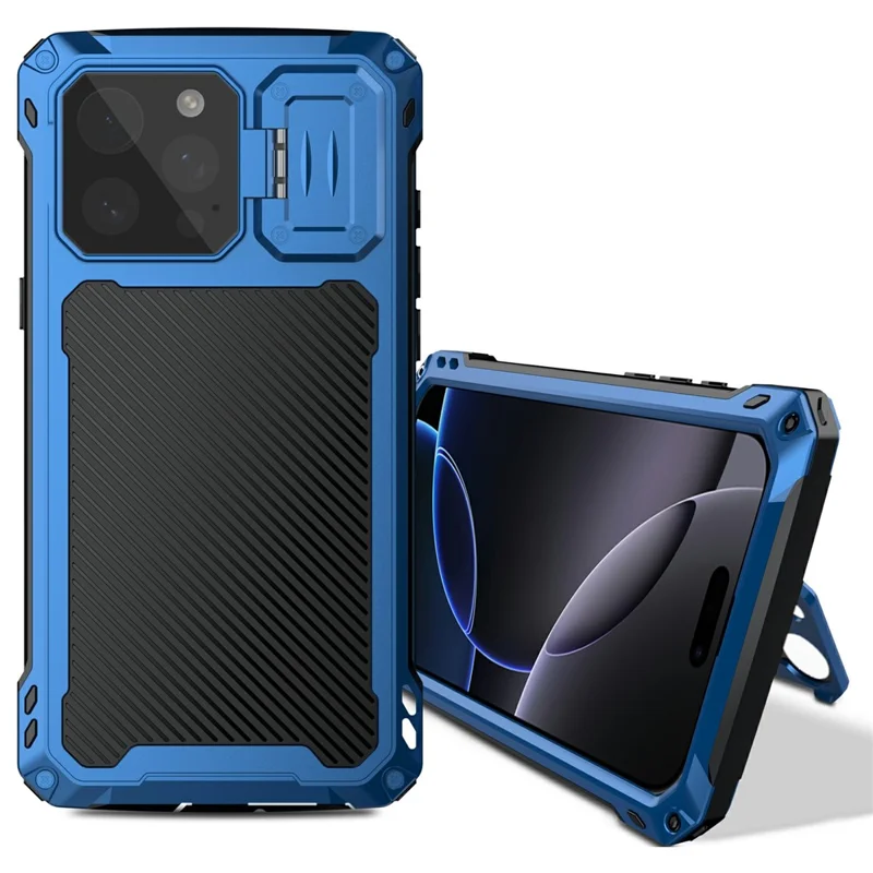 Cover per iPhone 16 Pro Max in Lega di Alluminio + Supporto con Lente in Silicone e Vetro Temperato - Blu