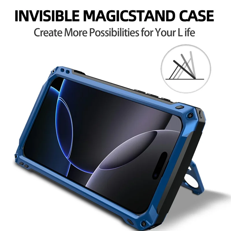 Cover per iPhone 16 Pro Max in Lega di Alluminio + Supporto con Lente in Silicone e Vetro Temperato - Blu