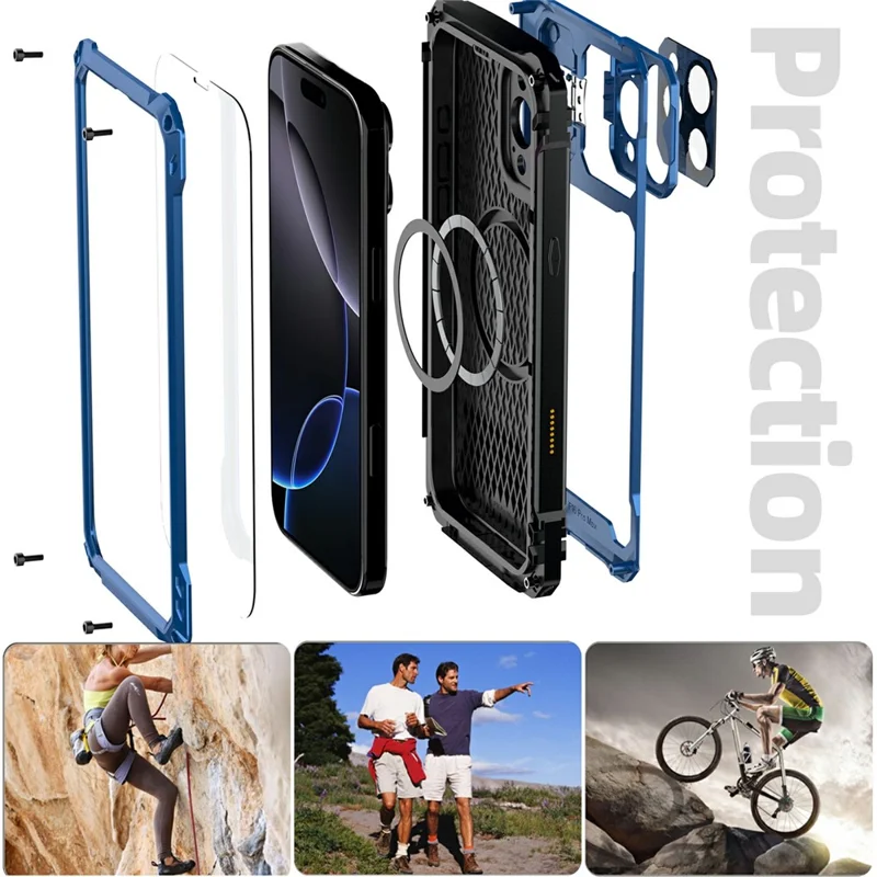 Cover per iPhone 16 Pro Max in Lega di Alluminio + Supporto con Lente in Silicone e Vetro Temperato - Blu