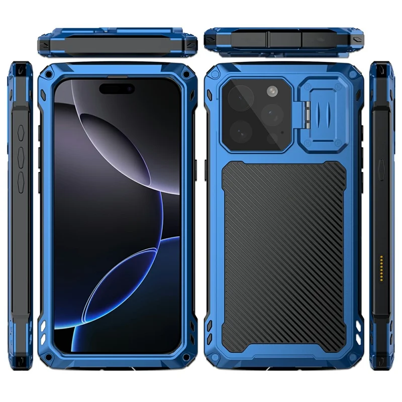 Cover per iPhone 16 Pro Max in Lega di Alluminio + Supporto con Lente in Silicone e Vetro Temperato - Blu