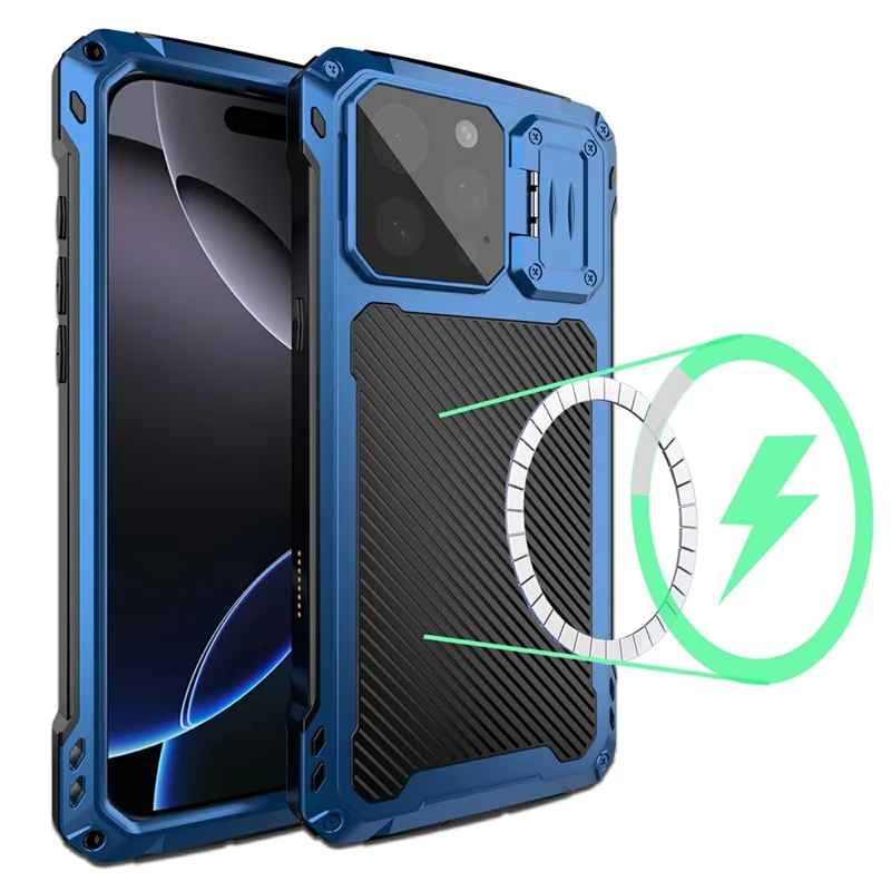 For iPhone 16 Pro Case Aluminum Alloy + Silicone Lens Kickstand Phone Cover with Tempered Glass Film - Blue