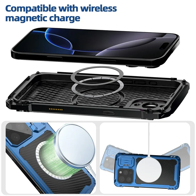 For iPhone 16 Pro Case Aluminum Alloy + Silicone Lens Kickstand Phone Cover with Tempered Glass Film - Blue