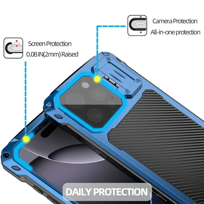 For iPhone 16 Pro Case Aluminum Alloy + Silicone Lens Kickstand Phone Cover with Tempered Glass Film - Blue