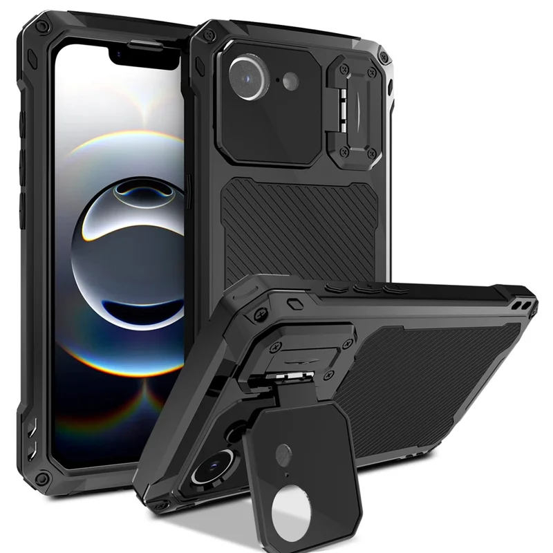 For iPhone 16e Case Aluminum Alloy + Silicone Lens Kickstand Phone Cover with Tempered Glass Film - Black