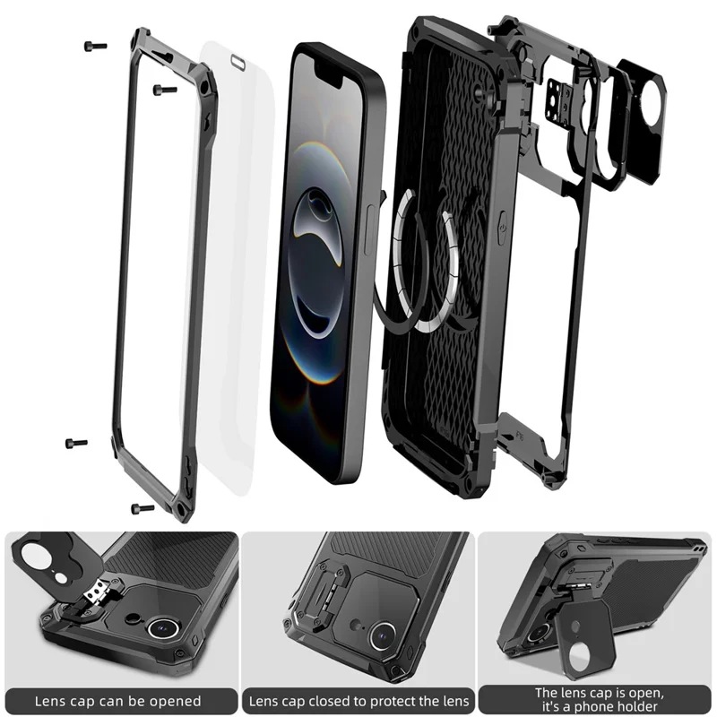 For iPhone 16e Case Aluminum Alloy + Silicone Lens Kickstand Phone Cover with Tempered Glass Film - Black