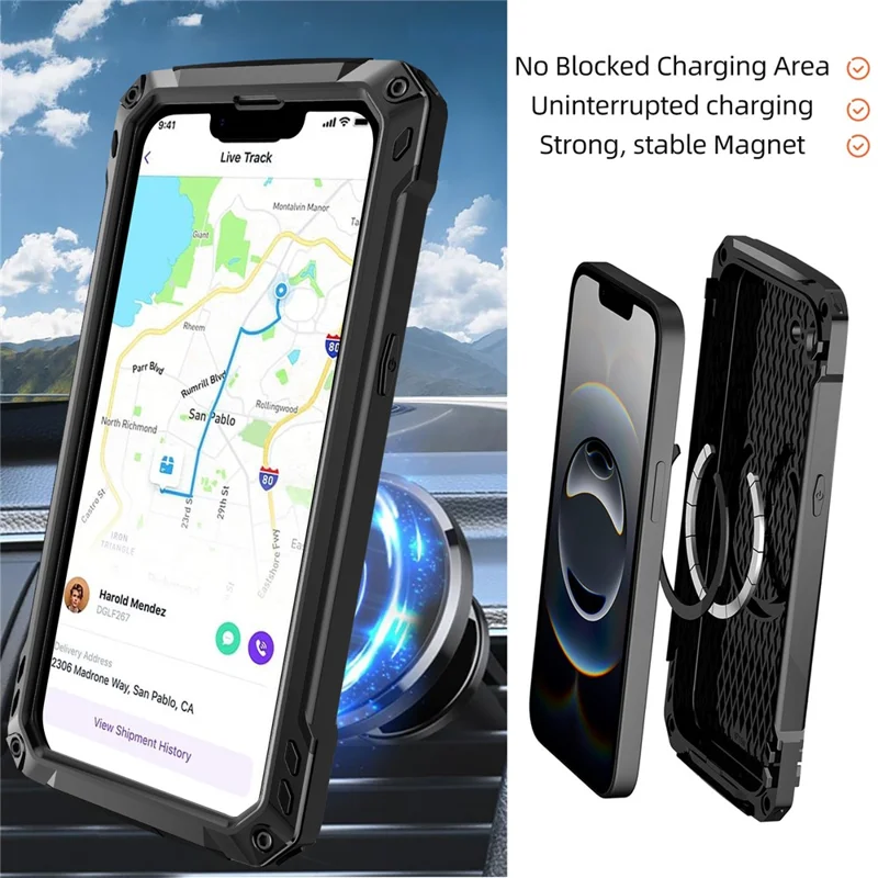 For iPhone 16e Case Aluminum Alloy + Silicone Lens Kickstand Phone Cover with Tempered Glass Film - Black