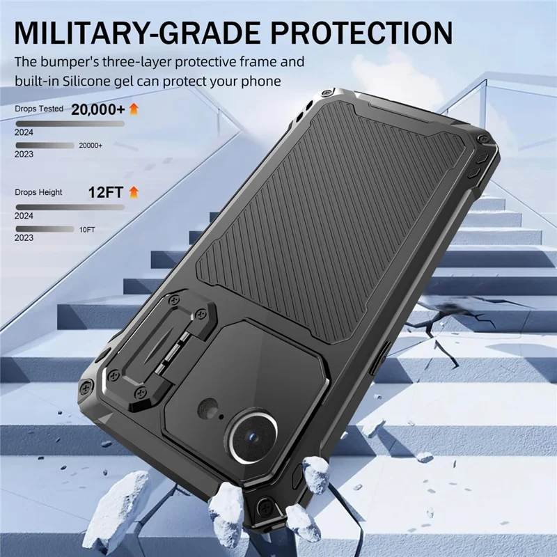 For iPhone 16e Case Aluminum Alloy + Silicone Lens Kickstand Phone Cover with Tempered Glass Film - Black