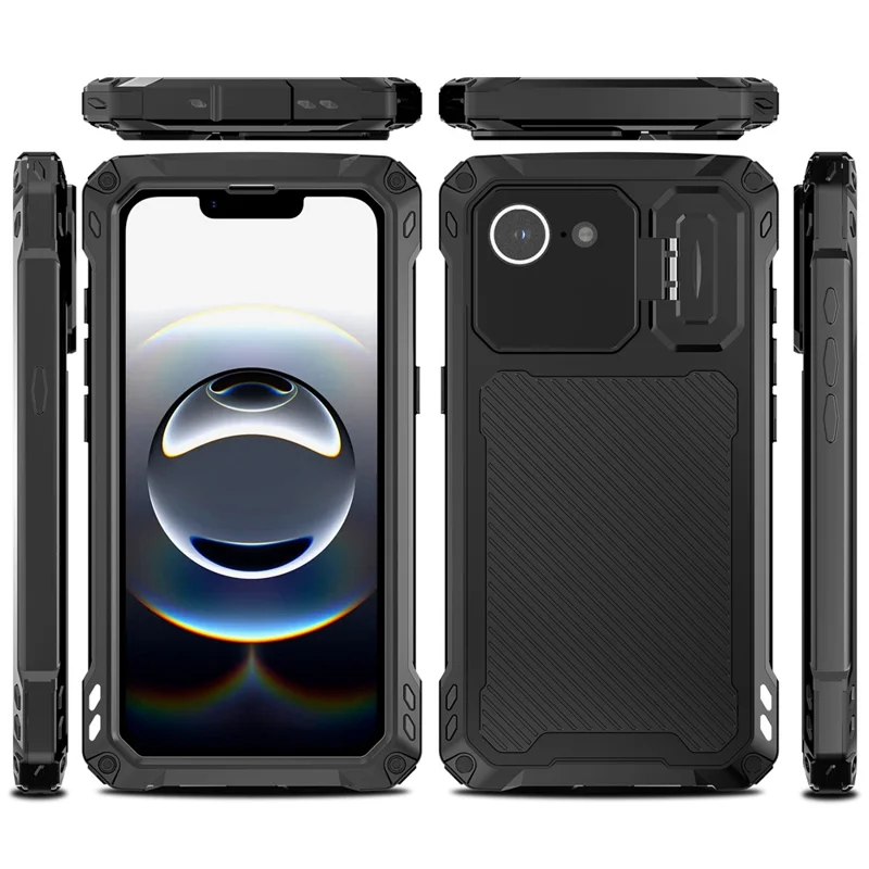 For iPhone 16e Case Aluminum Alloy + Silicone Lens Kickstand Phone Cover with Tempered Glass Film - Black