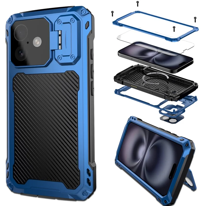 For iPhone 16 Plus Case Aluminum Alloy + Silicone Lens Kickstand Phone Cover with Tempered Glass Film - Blue