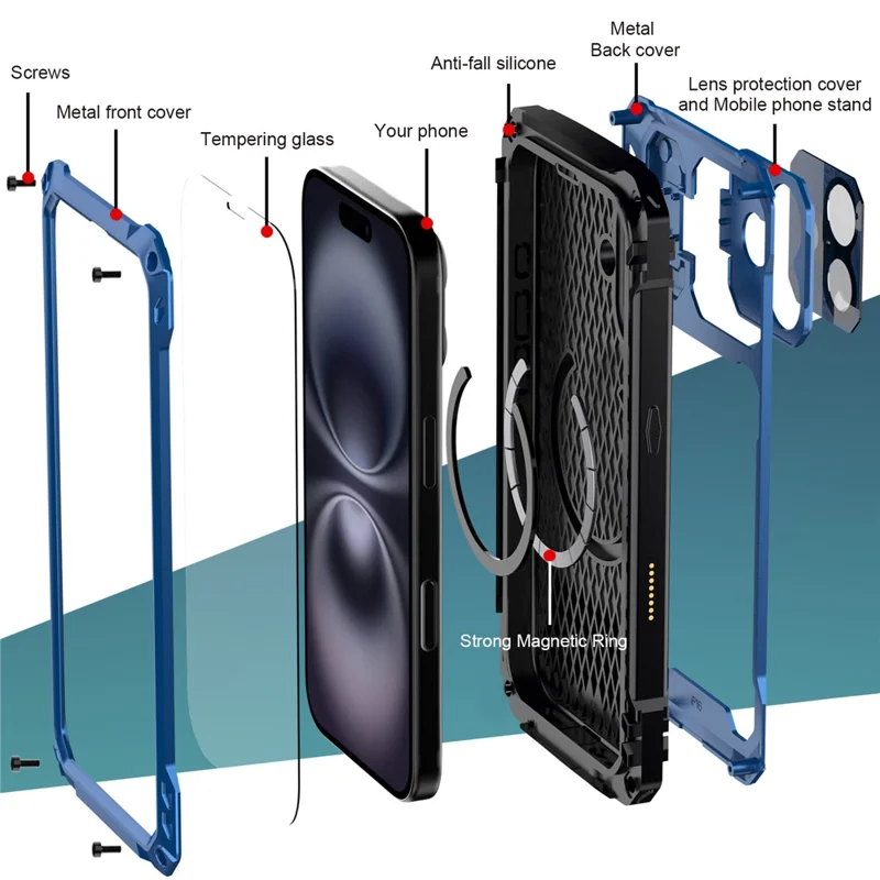 For iPhone 16 Plus Case Aluminum Alloy + Silicone Lens Kickstand Phone Cover with Tempered Glass Film - Blue