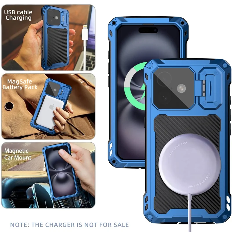 For iPhone 16 Plus Case Aluminum Alloy + Silicone Lens Kickstand Phone Cover with Tempered Glass Film - Blue