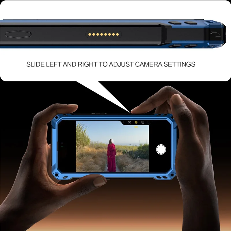 For iPhone 16 Plus Case Aluminum Alloy + Silicone Lens Kickstand Phone Cover with Tempered Glass Film - Blue