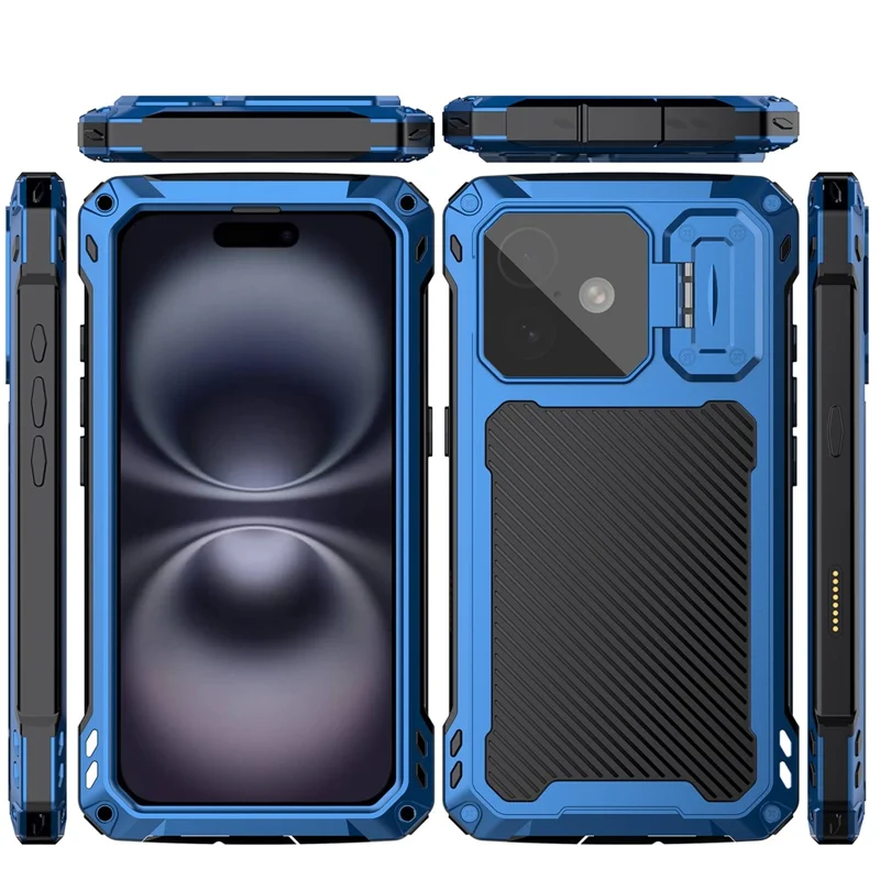 For iPhone 16 Plus Case Aluminum Alloy + Silicone Lens Kickstand Phone Cover with Tempered Glass Film - Blue