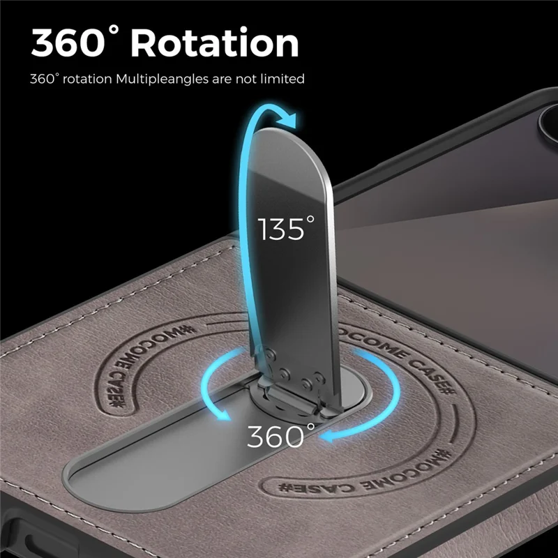 For Samsung Galaxy Z Flip7 5G Magnetic Case Rotating Kickstand Leather Coated PC Phone Cover - Grey