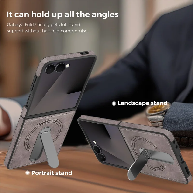 For Samsung Galaxy Z Flip7 5G Magnetic Case Rotating Kickstand Leather Coated PC Phone Cover - Grey