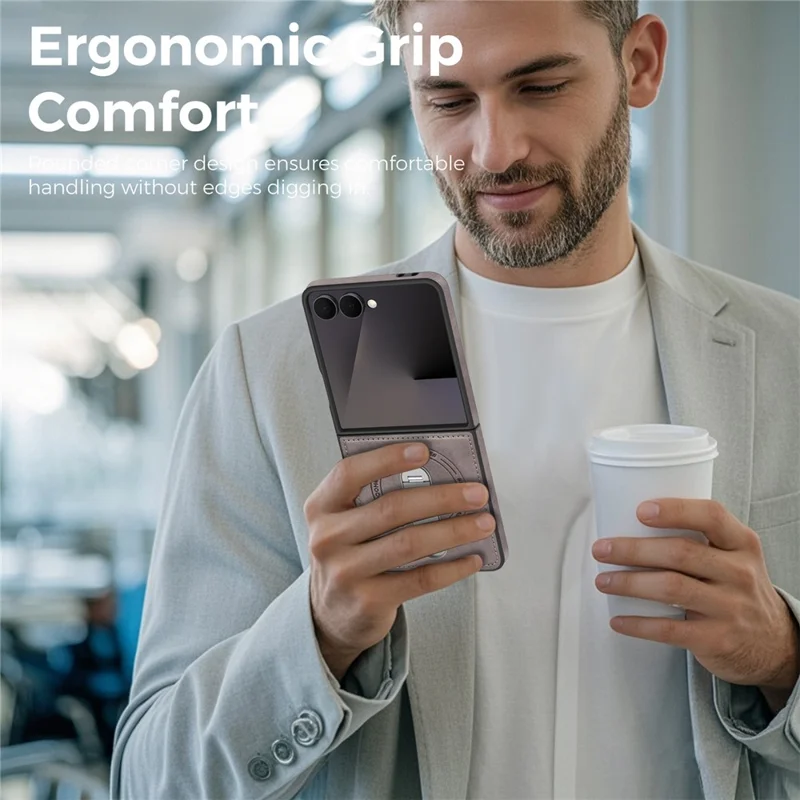 For Samsung Galaxy Z Flip7 5G Magnetic Case Rotating Kickstand Leather Coated PC Phone Cover - Grey