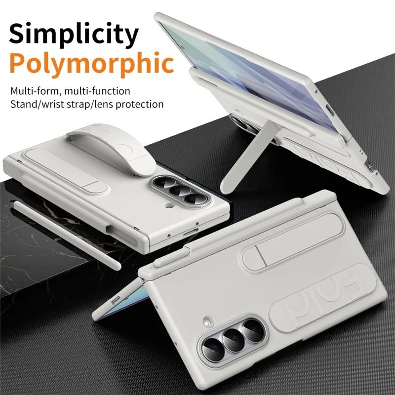 For Samsung Galaxy Z Fold6 5G Case Kickstand Wristband Hard PC Phone Cover with Pen Slot - White
