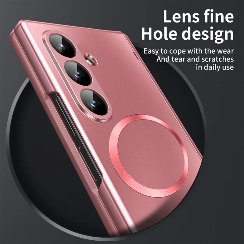 For Samsung Galaxy Z Fold7 5G Case Electroplated PC Magnetic Phone Cover with Tempered Glass Film - Rose Gold