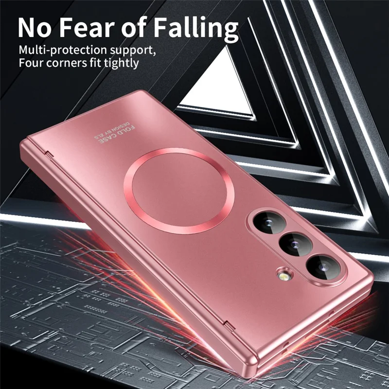 For Samsung Galaxy Z Fold7 5G Case Electroplated PC Magnetic Phone Cover with Tempered Glass Film - Rose Gold