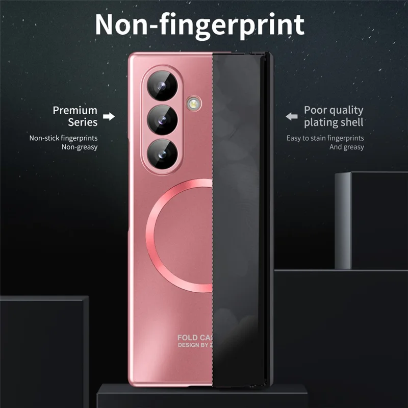 For Samsung Galaxy Z Fold7 5G Case Electroplated PC Magnetic Phone Cover with Tempered Glass Film - Rose Gold