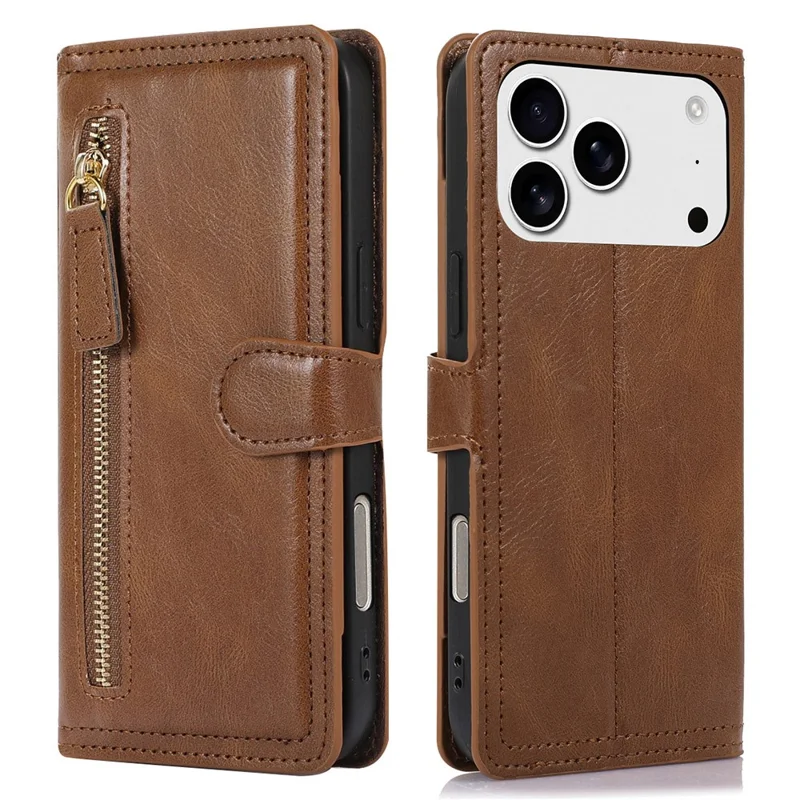 For iPhone 17 Pro Case Zipper Flip Leather Phone Cover with Card Holder - Brown