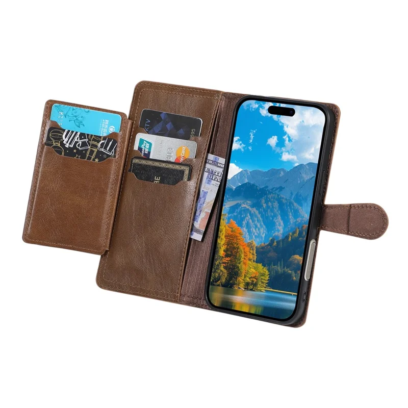 For iPhone 17 Pro Case Zipper Flip Leather Phone Cover with Card Holder - Brown