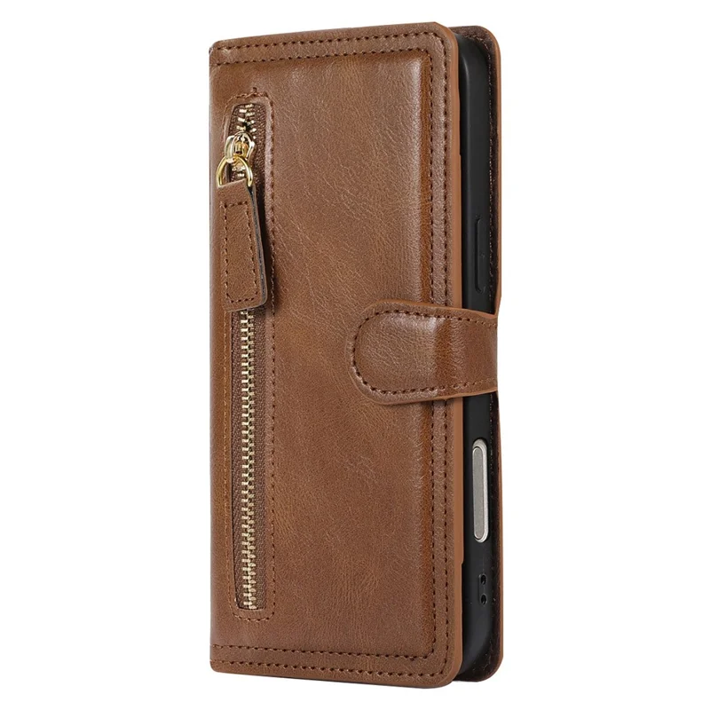 For iPhone 17 Pro Case Zipper Flip Leather Phone Cover with Card Holder - Brown