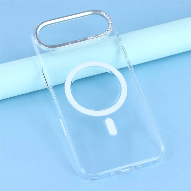 JAUCASE Für iPhone 17 Magnetische Luftdurchlässige Hülle Transparent mit Strassstein-Linsenrahmen / KI-Taste